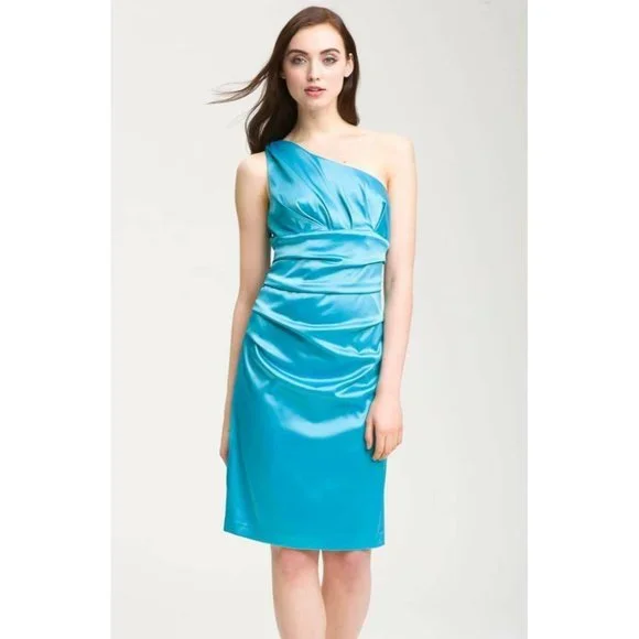 Suzi Chin | Dresses | Suzi Chin One Shoulder Ruched Satin Dress Aqua Blue 8  New